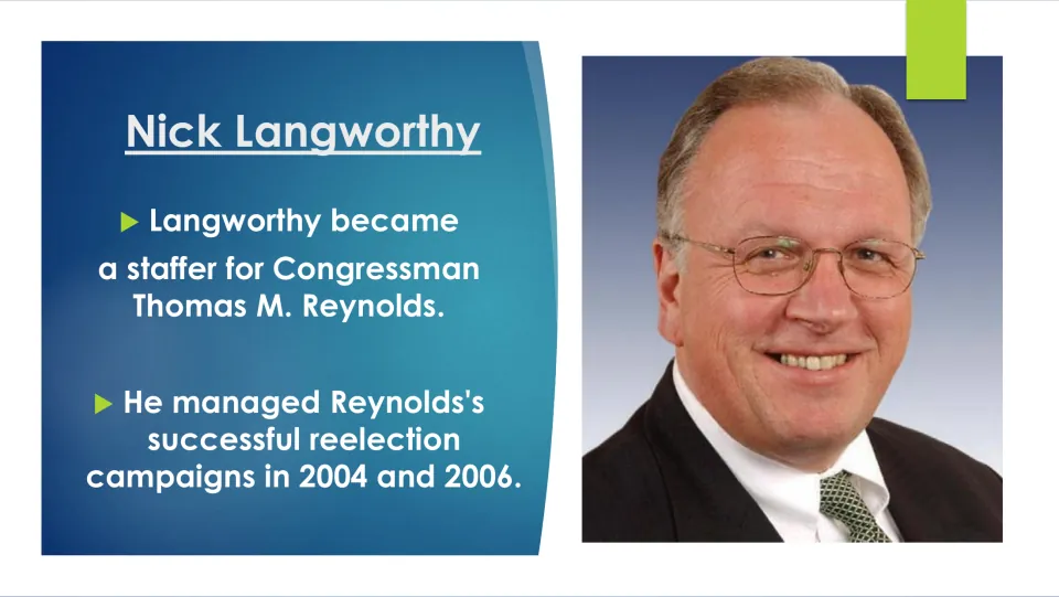 Biography slide on Langworthy’s staff role for Thomas M. Reynolds and managing his 2004 and 2006 campaigns