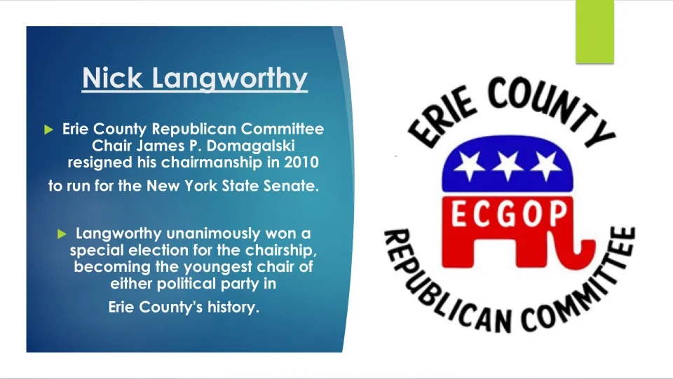 Biography slide on Langworthy’s 2010 election as Erie County Republican chair after James P. Domagalski resigned