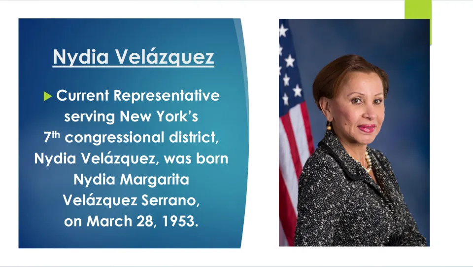 Biography slide introducing Nydia Margarita Velázquez Serrano and giving her birth date as March 28, 1953