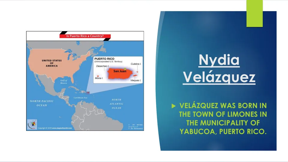 Birthplace slide naming Limones in Yabucoa, Puerto Rico, as Nydia Velázquez’s birthplace, with a location map