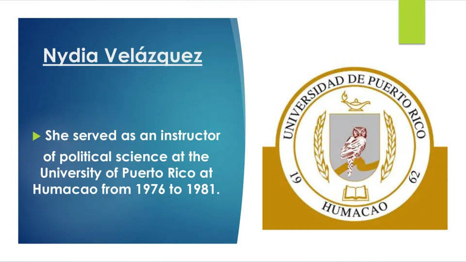 Teaching career slide covering Velázquez’s political science instruction at UPR Humacao from 1976 to 1981