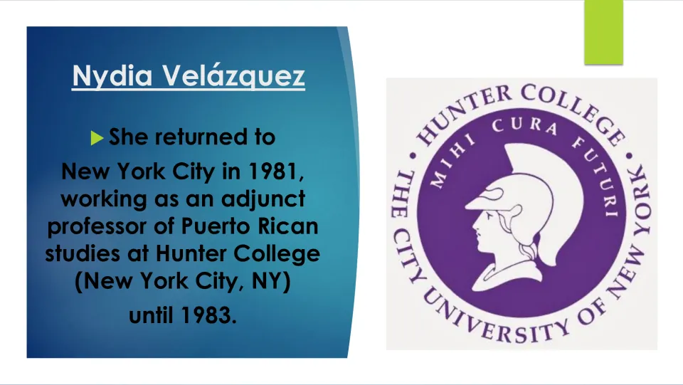 Teaching career slide describing Velázquez’s work as an adjunct professor at Hunter College from 1981 to 1983