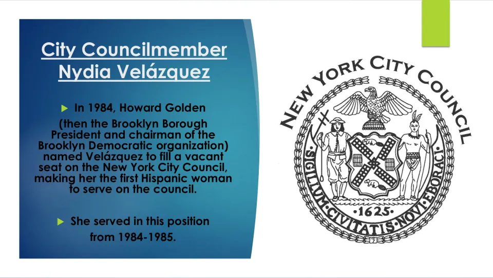 City Council slide covering Velázquez’s 1984 appointment and her milestone as its first Hispanic woman