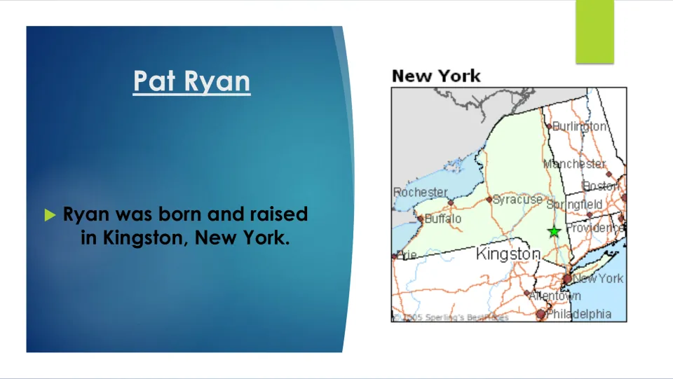 Biography slide stating that Pat Ryan was born and raised in Kingston, New York, beside a labeled map