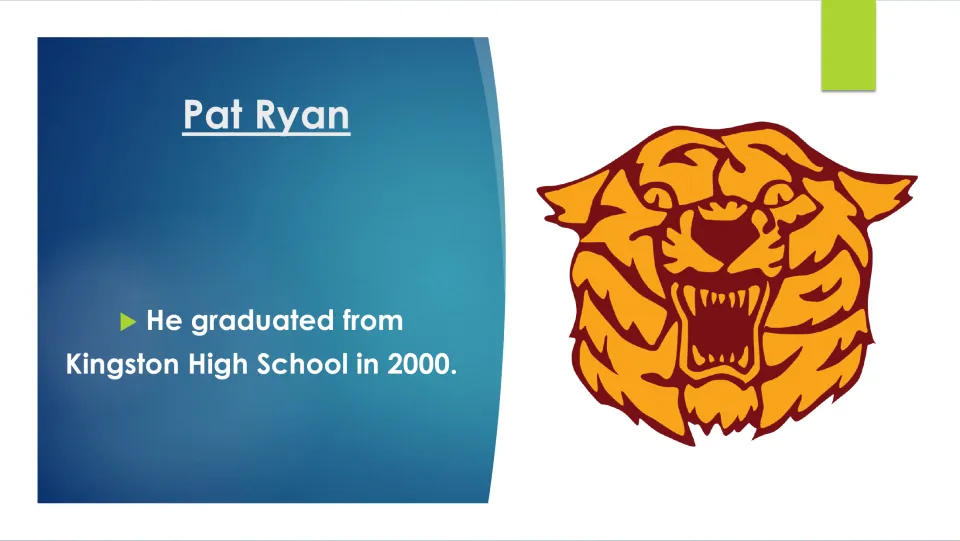 Biography slide recording Pat Ryan’s graduation from Kingston High School in 2000 under his name