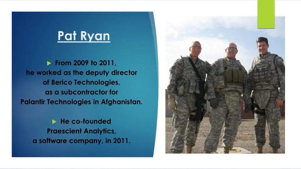 Biography slide on Pat Ryan’s 2009–2011 work at Berico Technologies and co-founding Praescient Analytics in 2011