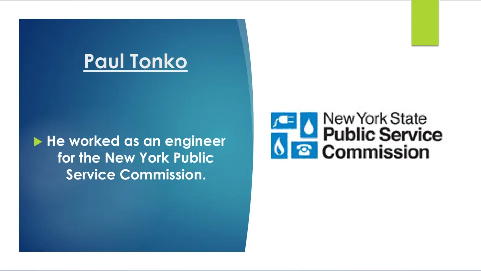 Biography slide describing Paul Tonko’s work as an engineer for the New York Public Service Commission