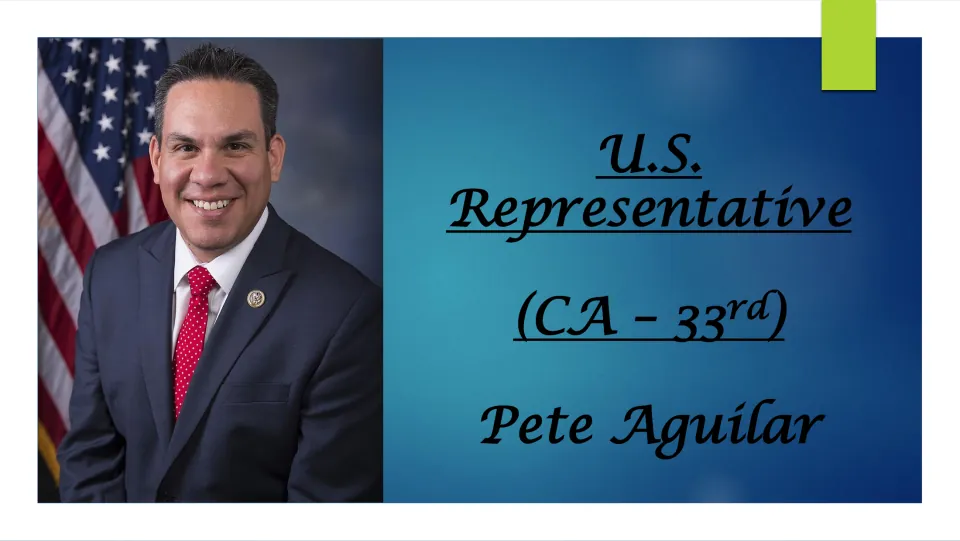 Biography cover introducing U.S. Representative Pete Aguilar of California's 33rd district, with his portrait