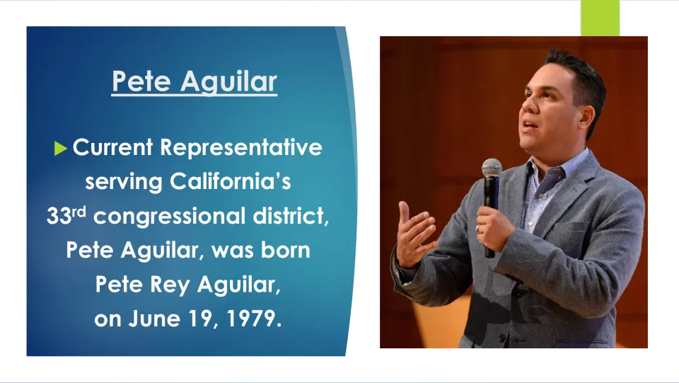 Biography slide identifying Pete Aguilar as Pete Rey Aguilar, born June 19, 1979, and a California representative