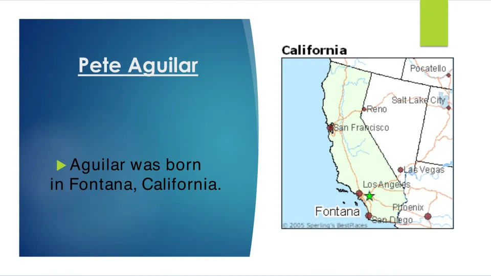 Biography slide stating that Pete Aguilar was born in Fontana, California, with a map marking Fontana