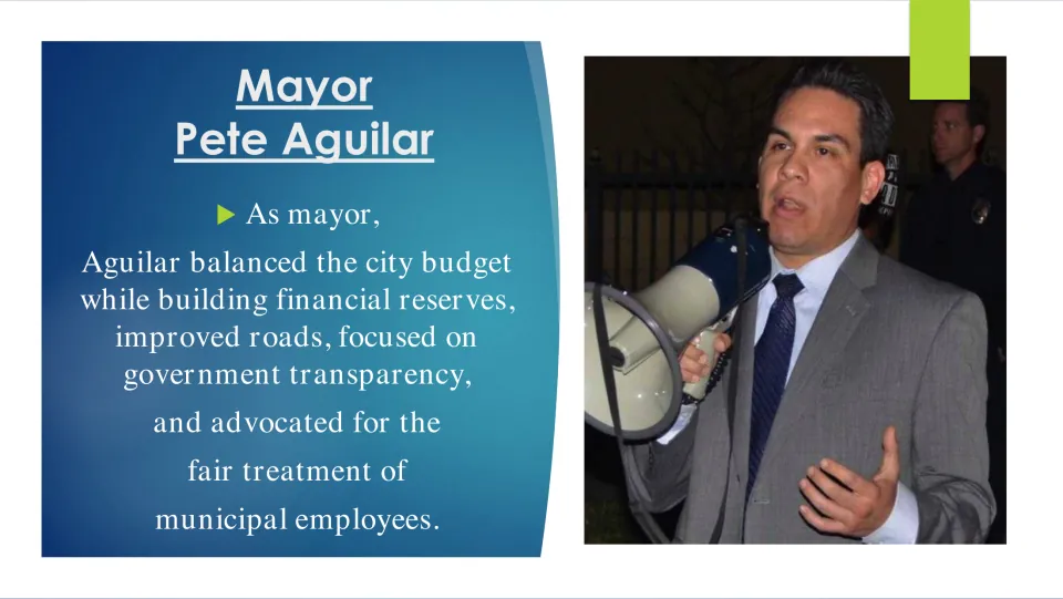 Biography slide describing Mayor Pete Aguilar's work on the city budget, roads, transparency, and employee treatment
