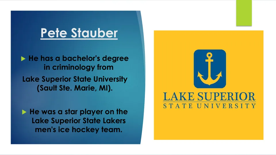 College biography slide covering Stauber’s criminology degree and hockey at Lake Superior State University
