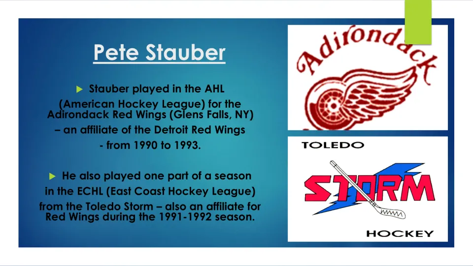Hockey career slide listing Stauber’s Adirondack Red Wings years, 1990–1993, and Toledo Storm season, 1991–1992