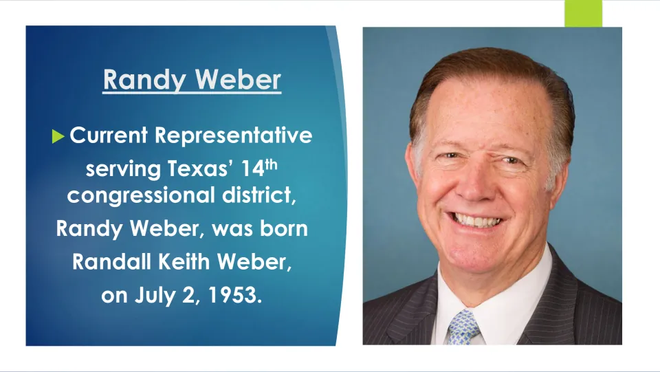Biography slide stating that Randy Weber was born Randall Keith Weber on July 2, 1953, beside his portrait