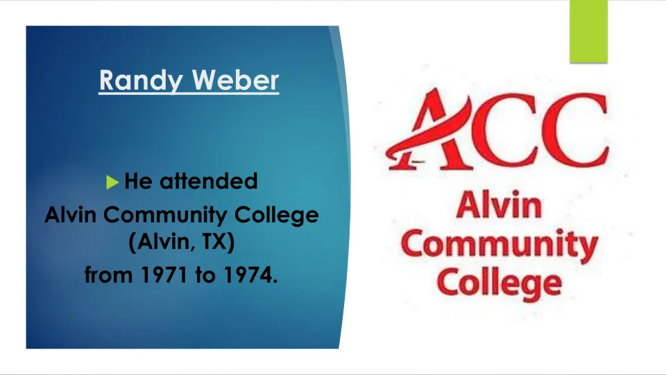 Education slide stating Randy Weber attended Alvin Community College in Alvin, Texas, from 1971 to 1974