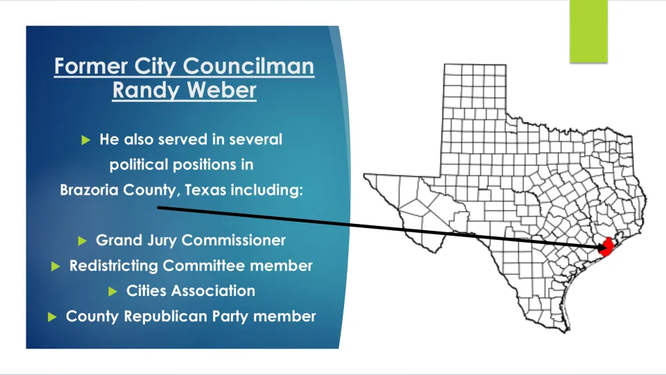 Political career slide listing Randy Weber’s Brazoria County roles, including Grand Jury Commissioner