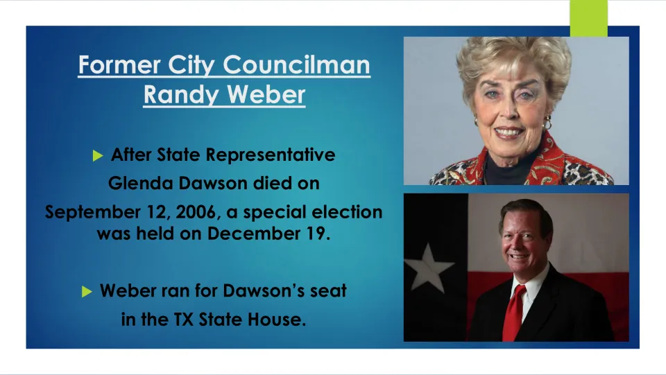 Political career slide on Glenda Dawson’s death in 2006 and Randy Weber’s run for her Texas House seat