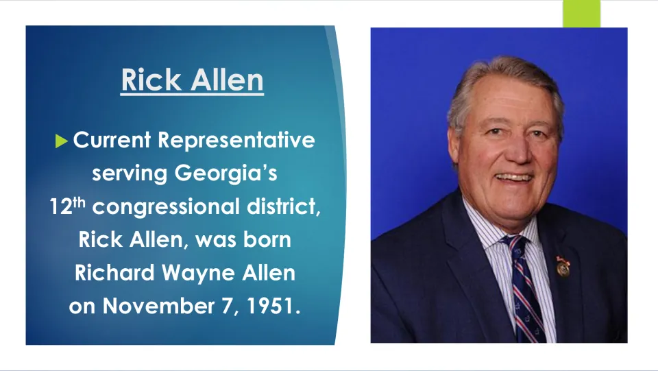 Biography slide giving Rick Allen’s full name, Richard Wayne Allen, and birth date of November 7, 1951