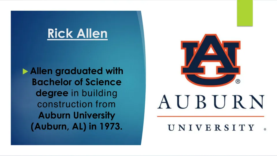 Biography slide on Rick Allen’s 1973 Bachelor of Science degree in building construction from Auburn University