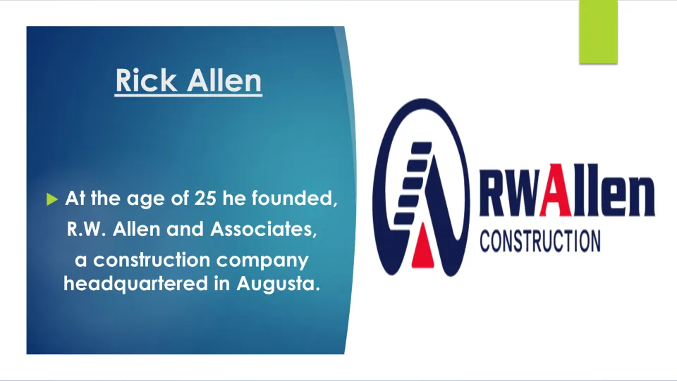 Biography slide describing Rick Allen founding R.W. Allen and Associates, an Augusta construction company, at 25