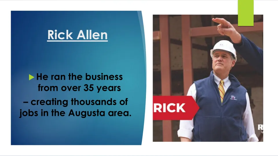 Biography slide describing Rick Allen’s 35-plus years running his business and creating jobs in the Augusta area