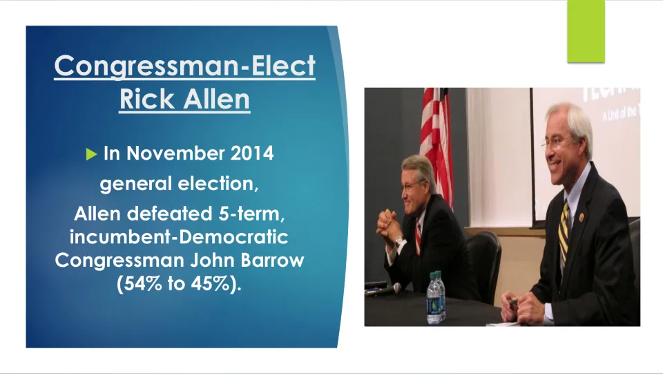 Biography slide on Rick Allen’s November 2014 election victory over incumbent John Barrow, 54% to 45%