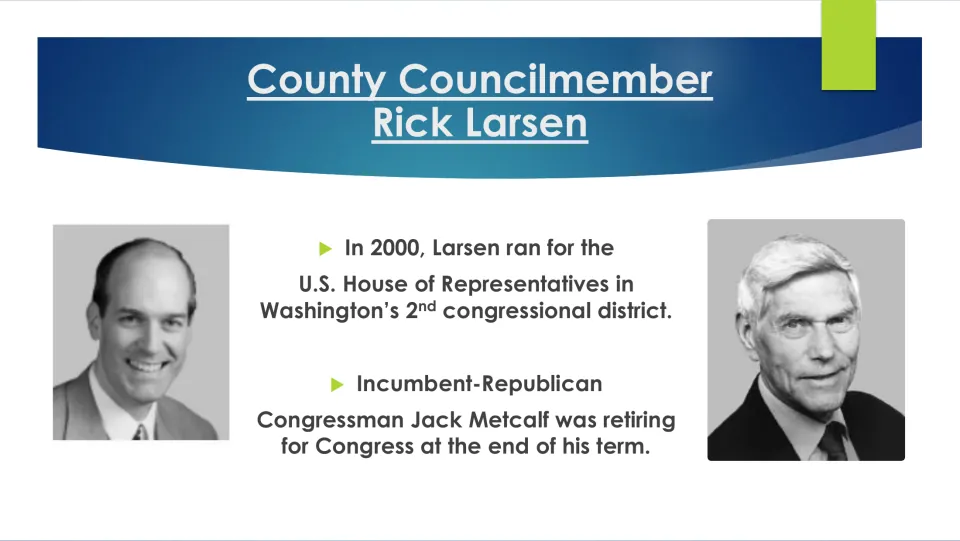Biography slide describing Rick Larsen’s 2000 U.S. House campaign and incumbent Jack Metcalf’s retirement
