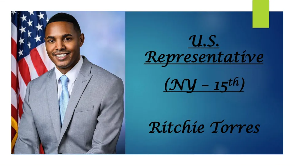 Biography cover introducing Ritchie Torres as U.S. Representative for New York’s 15th district, with his portrait