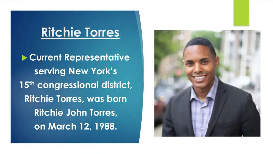 Biography slide identifying Ritchie John Torres and giving his birth date as March 12, 1988, beside his portrait
