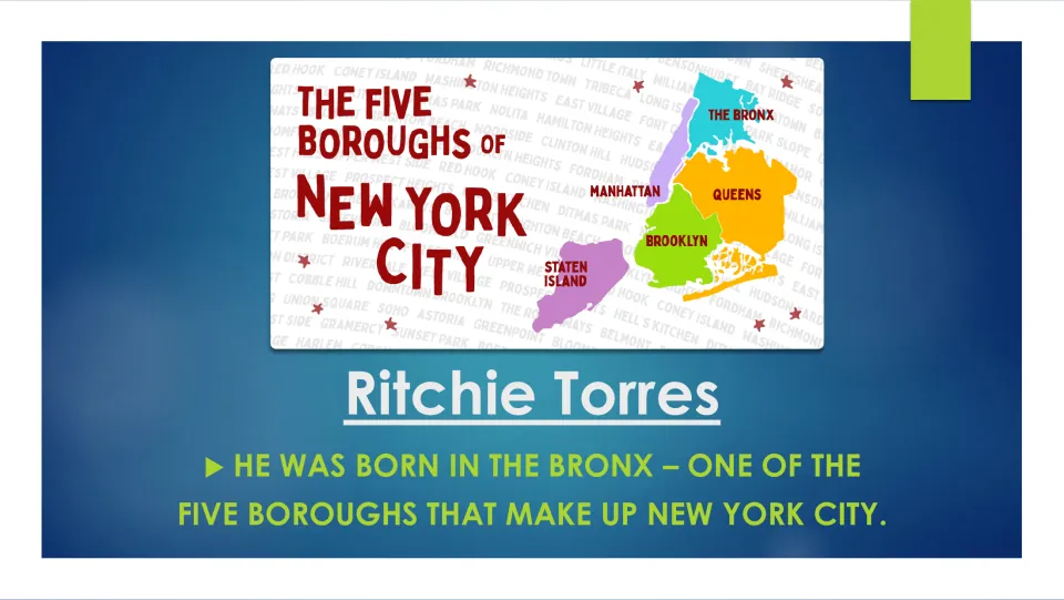 Biography slide naming the Bronx as Ritchie Torres’s birthplace, with a map of New York City’s five boroughs