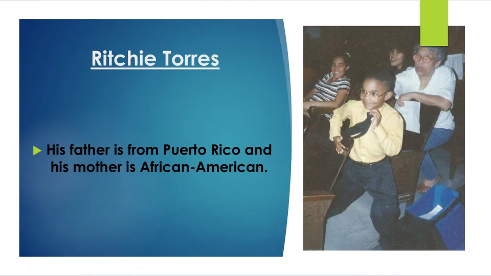 Biography slide describing Ritchie Torres’s Puerto Rican father and African American mother, with a childhood photo