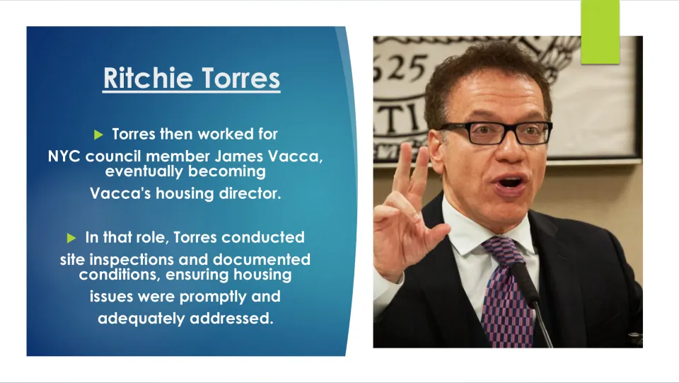 Biography slide explaining Torres’s work as James Vacca’s housing director, inspecting and documenting conditions
