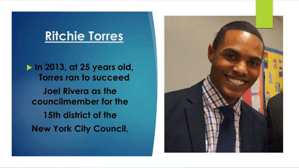 Biography slide describing Torres’s 2013 run at age 25 to succeed Joel Rivera in New York City Council District 15