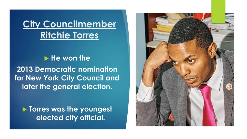 Biography slide covering Torres’s 2013 nomination and election wins and his status as the youngest elected city official