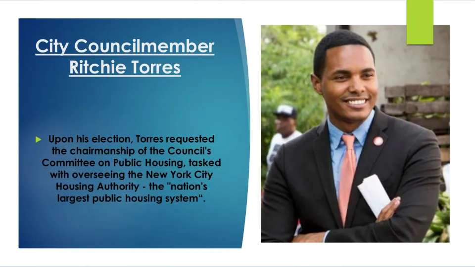 Biography slide explaining Torres’s request to chair the City Council’s Committee on Public Housing after election