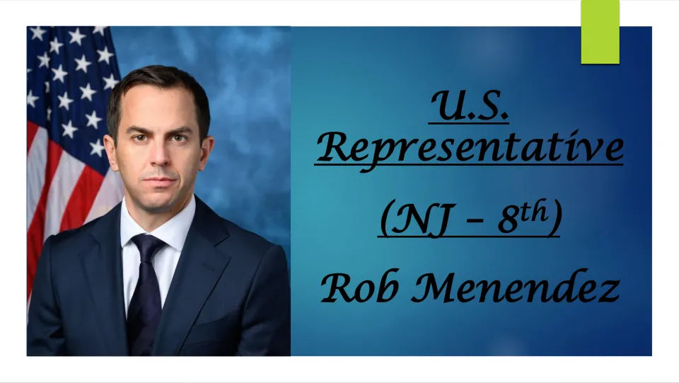 Biography presentation cover identifying Rob Menendez as U.S. Representative for New Jersey's 8th district