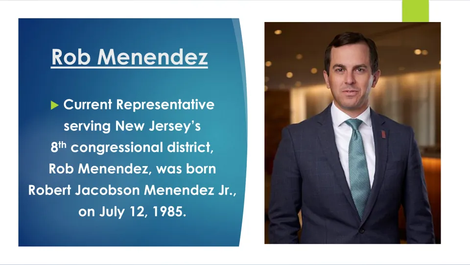 Biography slide giving Rob Menendez's full name, Robert Jacobson Menendez Jr., and July 12, 1985 birthdate