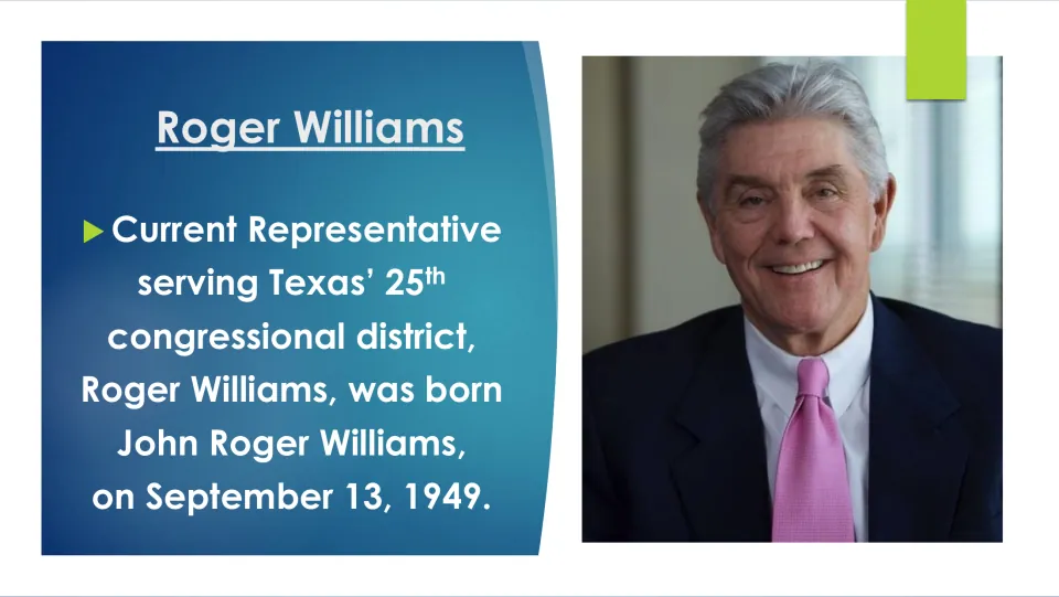 Biography slide introducing Texas representative Roger Williams and his birth date, September 13, 1949