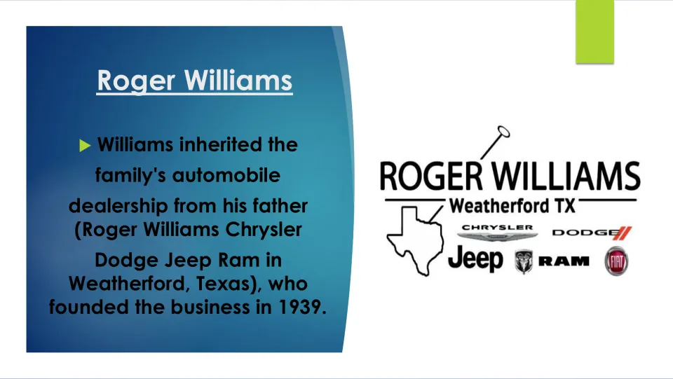 Business career slide describing Roger Williams’s inherited family automobile dealership in Weatherford, Texas