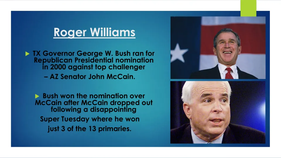 Political background slide describing George W. Bush’s 2000 Republican nomination race against John McCain