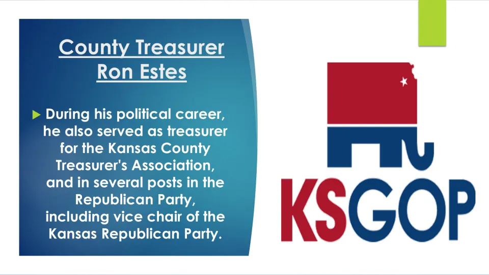 Public service slide covering Ron Estes’s county treasurers association role and Kansas Republican Party posts
