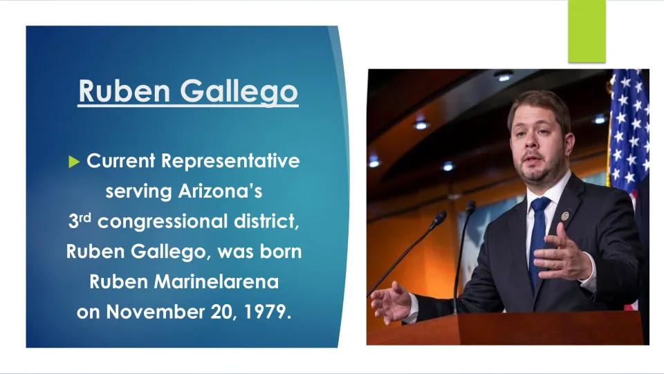 Biography slide introducing Arizona representative Ruben Gallego, born Ruben Marinelarena on November 20, 1979