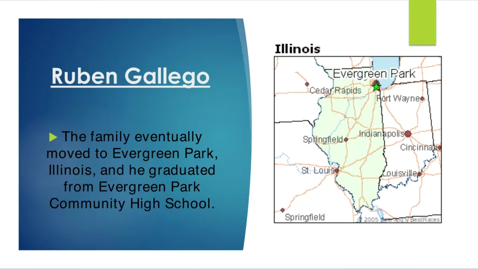 Biography slide on Ruben Gallego’s move to Evergreen Park and graduation from Evergreen Park Community High School