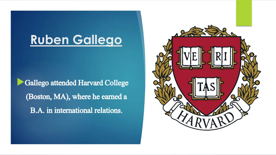Biography slide stating that Ruben Gallego attended Harvard College and earned a B.A. in international relations