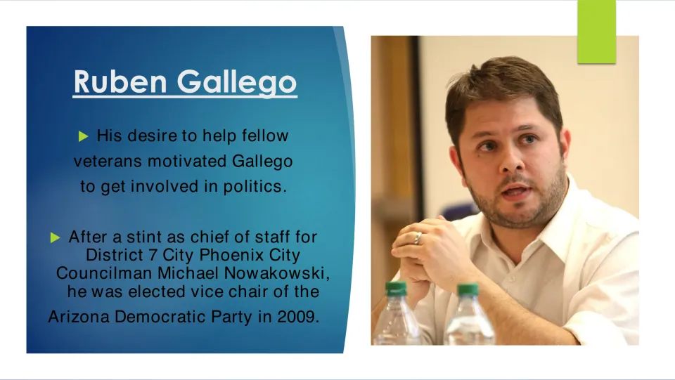 Biography slide on Ruben Gallego’s work for veterans and his election as Arizona Democratic Party vice chair in 2009