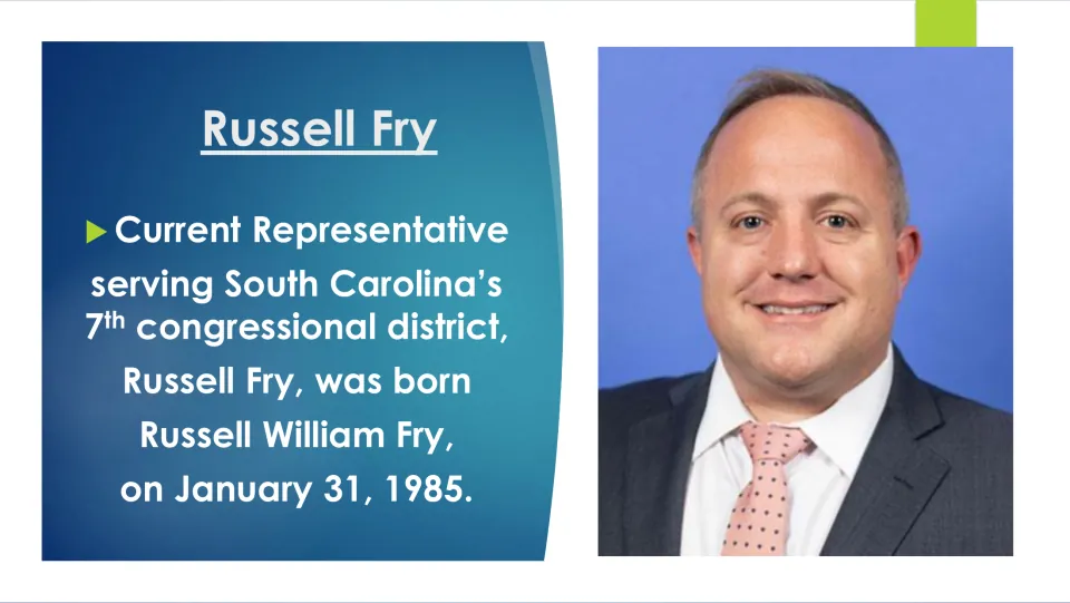 Biography slide introducing Russell William Fry, his January 31, 1985 birthdate, and his congressional district