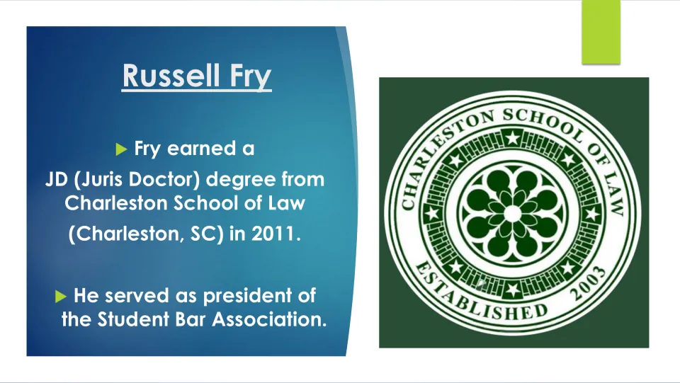 Law school slide covering Fry's 2011 Charleston School of Law JD and Student Bar Association presidency