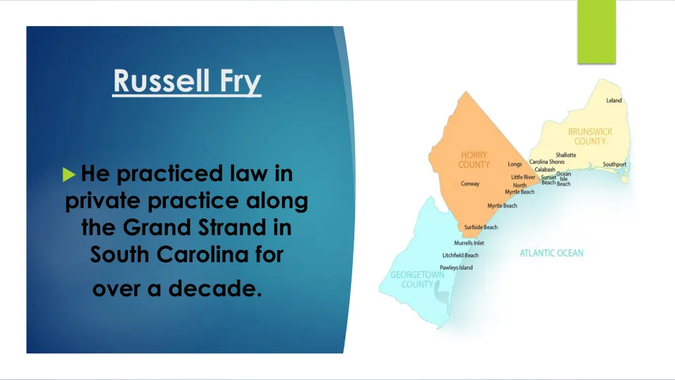 Legal career slide stating Fry practiced law along South Carolina's Grand Strand for over a decade