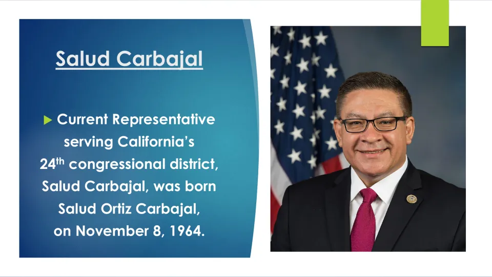 Biography slide introducing Salud Ortiz Carbajal, born November 8, 1964, and his California district