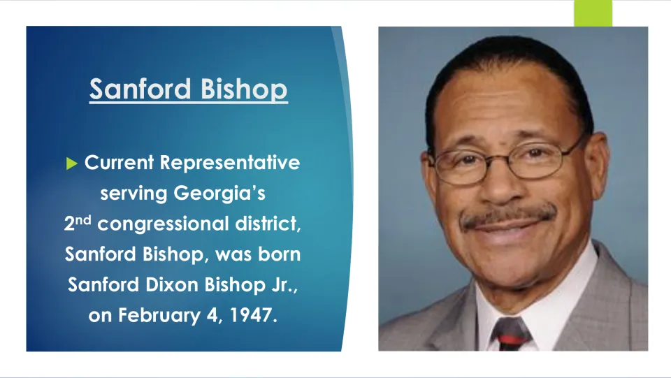 Biography slide identifying Sanford Dixon Bishop Jr., born February 4, 1947, with a portrait of Bishop